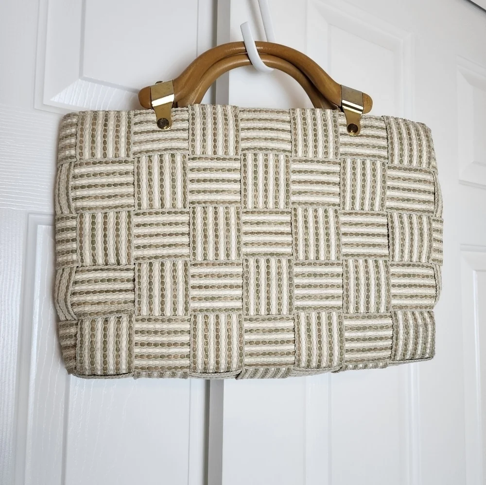 Carabella Vintage Italian Woven Cream Color Wooden Handle Women's Bag